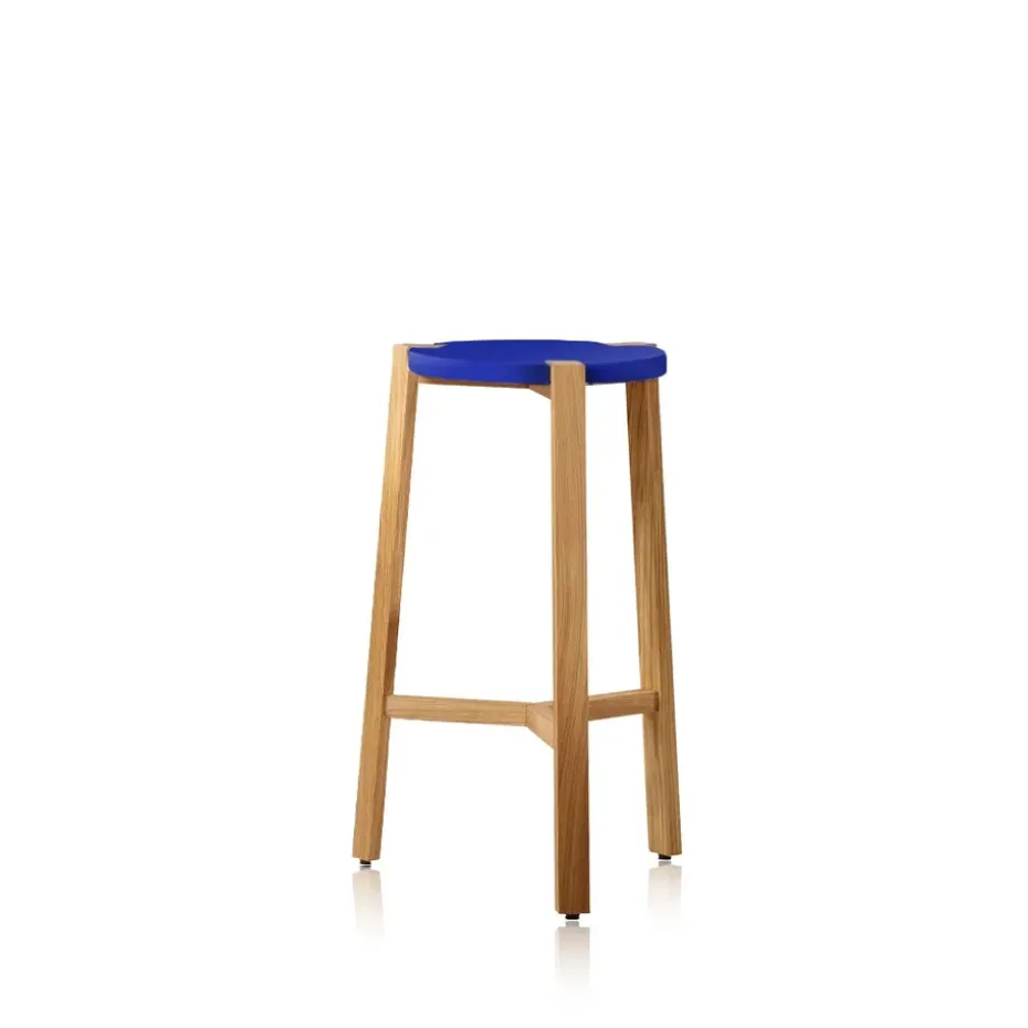 Tabouret de bar Happy bas, bleu, pieds en chêne